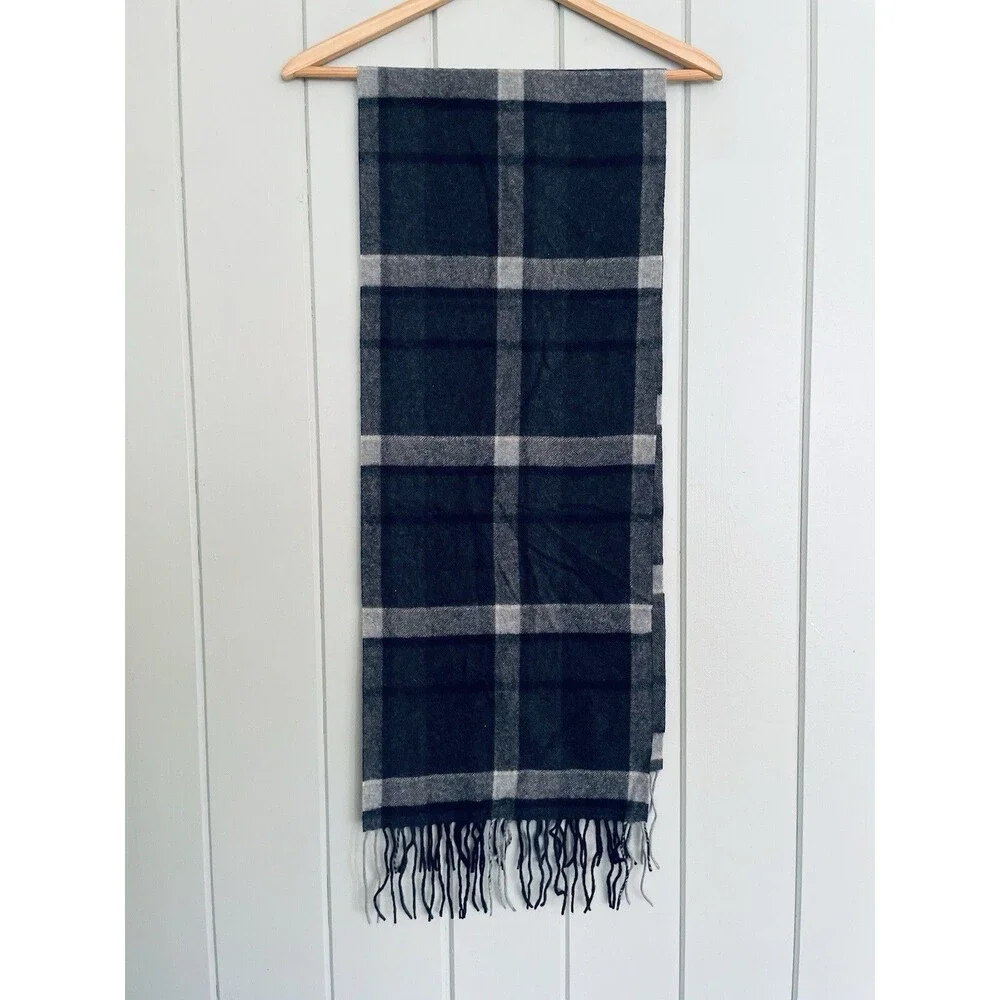 Club Room 100% Cashmere Scarf Plaid Gray Fringe
